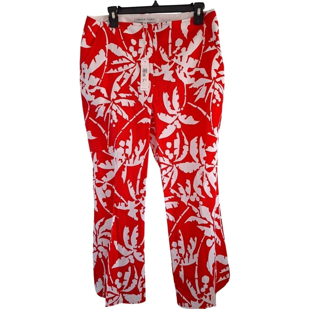 Trina Turk Designer Pants NWT Women  10 Red White Tropical Palm Print NEW ($298)